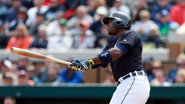 Mar 21, 2016; Lakeland, FL, USA; Detroit Tigers right fielder Justin Upton (8) hits a double during the first inning against the Philadelphia Phillies at Joker Marchant Stadium. Mandatory Credit: Kim Klement-USA TODAY Sports