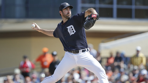 Mar 9, 2016; Lakeland, FL, USA; Detroit Tigers starting pitcher Justin Verlander (35) throws during the first inning of a spring training baseball game against the Washington Nationals at Joker Marchant Stadium. Mandatory Credit: Reinhold Matay-USA TODAY Sports