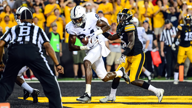 Sep 23, 2017; Iowa City, IA, USA; Penn State Nittany Lions wide receiver Juwan Johnson (84) catches the game-winning touchdown from quarterback Trace McSorley (not pictured) as Iowa Hawkeyes defensive back Manny Rugamba (5) defends during the fourth quarter at Kinnick Stadium. Penn State won 21-19. Photo Credit: Jeffrey Becker-USA TODAY Sports