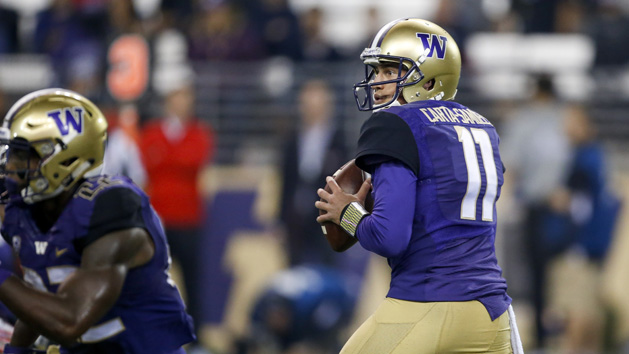 Sep 16, 2017; Seattle, WA, USA; Washington Huskies quarterback K.J. Carta-Samuels (11) looks to pass against the Fresno State Bulldogs during the third quarter at Husky Stadium. Photo Credit: Joe Nicholson-USA TODAY Sports