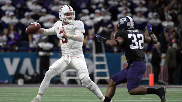 Dec 28, 2017; San Antonio, TX, United States; Stanford Cardinal quarterback K.J. Costello (3) throws a pass under pressure from TCU Horned Frogs linebacker Travin Howard (32) in the 2017 Alamo Bowl at Alamodome. Photo Credit: Kirby Lee-USA TODAY Sports