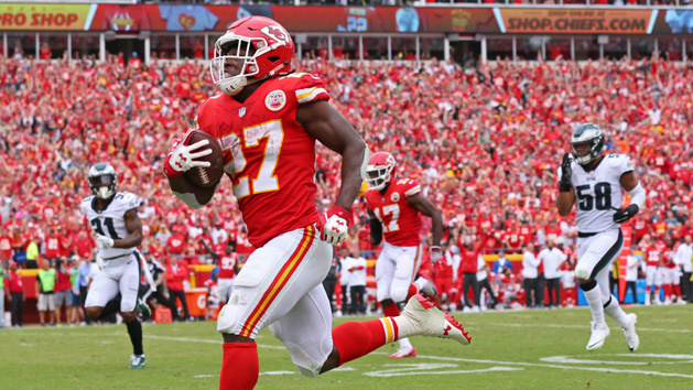 Sep 17, 2017; Kansas City, MO, USA; Kansas City Chiefs running back Kareem Hunt (27) runs for a touchdown against the Philadelphia Eagles in the second half at Arrowhead Stadium. Photo Credit: Jay Biggerstaff-USA TODAY Sports