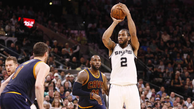 Mar 27, 2017; San Antonio, TX, USA; San Antonio Spurs small forward Kawhi Leonard (2) shoots the ball against the Cleveland Cavaliers during the first half at AT&T Center. Photo Credit: Soobum Im-USA TODAY Sports