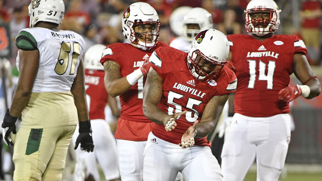 Keith Kelsey (55) leads an athletic Louisville defense. Photo Credit: Jamie Rhodes-USA TODAY Sports