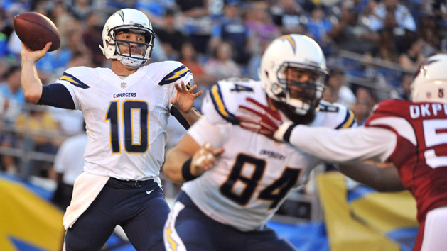 Aug 19, 2016; San Diego, CA, USA; San Diego Chargers quarterback Kellen Clemens (10) throws a pass during the second quarter of the game against the Arizona Cardinals at Qualcomm Stadium. San Diego won 19-3. Photo Credit: Orlando Ramirez-USA TODAY Sports