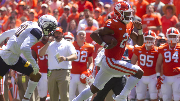 Sep 2, 2017; Clemson, SC, USA; Clemson Tigers quarterback Kelly Bryant (2) carries the ball while being defended by Kent State Golden Flashes wide receiver Kavious Price (10) during the first half at Clemson Memorial Stadium. Photo Credit: Joshua S. Kelly-USA TODAY Sports