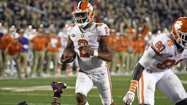 Sep 16, 2017; Louisville, KY, USA; Clemson Tigers quarterback Kelly Bryant (2) runs the ball for a touchdown against the Louisville Cardinals during the second half at Papa John's Cardinal Stadium. Clemson defeated Louisville 47-21. Photo Credit: Jamie Rhodes-USA TODAY Sports