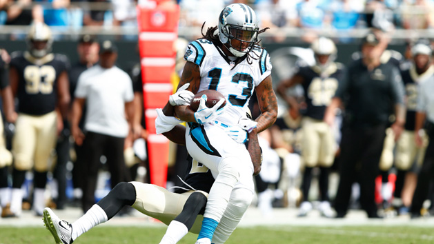 Sep 24, 2017; Charlotte, NC, USA; Carolina Panthers wide receiver Kelvin Benjamin (13) runs after a catch in the second quarter against the New Orleans Saints at Bank of America Stadium. Photo Credit: Jeremy Brevard-USA TODAY Sports