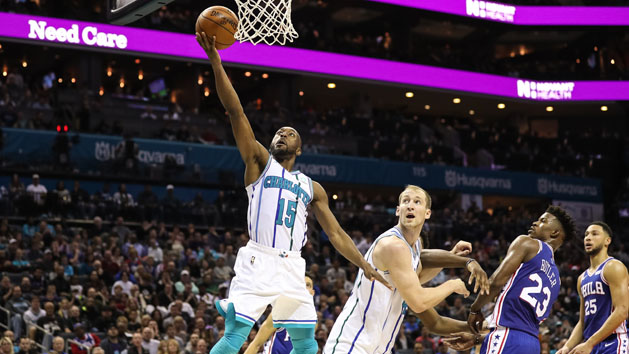 Nov 17, 2018; Charlotte, NC, USA; Charlotte Hornets guard Kemba Walker (15) goes up for a layup against the Philadelphia 76ers during the second half at Spectrum Center. Photo Credit: Jim Dedmon-USA TODAY Sports