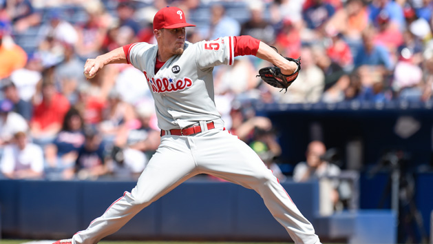 Jul 5, 2015; Atlanta, GA, USA; Philadelphia Phillies relief pitcher Ken Giles (53) pitches against the Atlanta Braves during the eighth inning at Turner Field. The Phillies defeated the Braves 4-0 in ten innings. Mandatory Credit: Dale Zanine-USA TODAY Sports