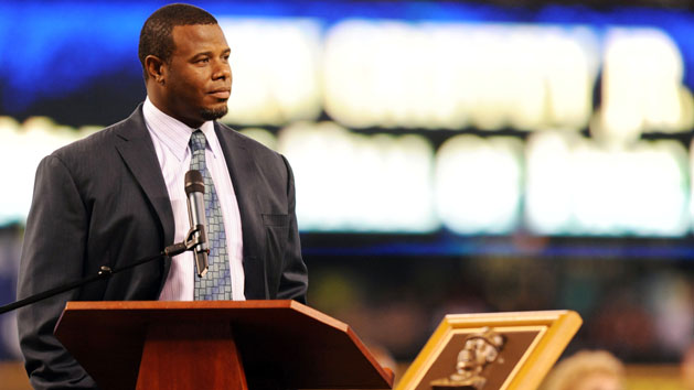 Aug 10, 2013; Seattle, WA, USA; Seattle Mariners former outfielder Ken Griffey Jr addresses the Seattle Mariners team in the dugout during an induction ceremony into the Seattle Mariners hall of fame before the game between the Seattle Mariners and the Milwaukee Brewers at Safeco Field. Photo Credit: Steve Dykes-USA TODAY Sports