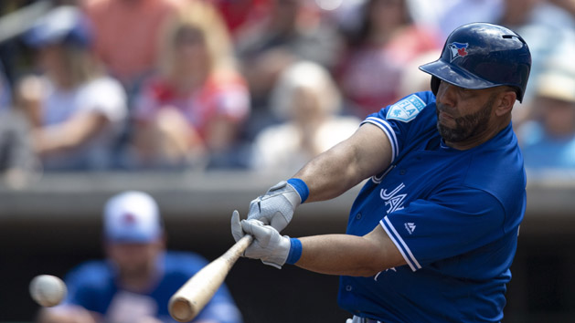 Mar 15, 2019; Clearwater, FL, USA; Toronto Blue Jays designated hitter Kendrys Morales (8) singles to right field during the fourth inning against the Philadelphia Phillies at Spectrum Field. Photo Credit: Douglas DeFelice-USA TODAY Sports