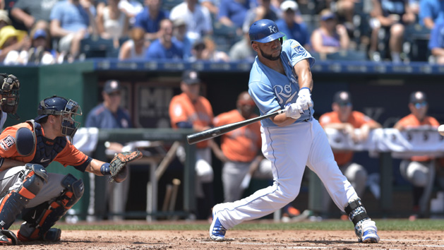 Jul 26, 2015; Kansas City, MO, USA; Kansas City Royals designated hitter Kendrys Morales (25) connects for a single in the first inning against the Houston Astros at Kauffman Stadium. Mandatory Credit: Denny Medley-USA TODAY Sports