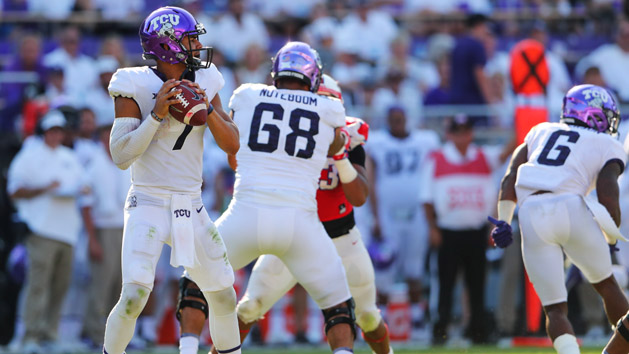 Sep 16, 2017; Fort Worth, TX, USA; TCU Horned Frogs quarterback Kenny Hill (7) throws during the game against the Southern Methodist Mustangs at Amon G. Carter Stadium. Photo Credit: Kevin Jairaj-USA TODAY Sports