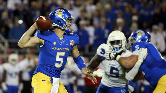 Dec 19, 2015; Orlando, FL, USA; San Jose State Spartans quarterback Kenny Potter (5) throws the ball against the Georgia State Panthers during the second quarter in the 2015 Cure Bowl at Citrus Bowl Stadium. Mandatory Credit: Kim Klement-USA TODAY Sports