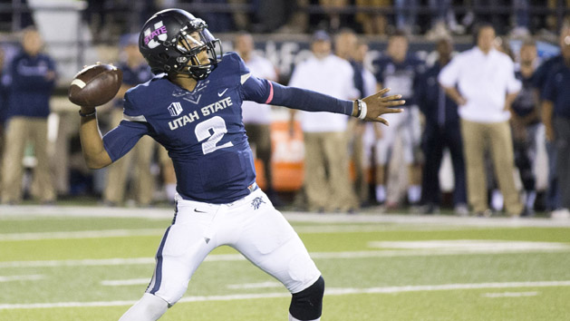 Oct 16, 2015; Logan, UT, USA; Utah State Aggies quarterback Kent Myers (2) throws the ball in the second quarter against the Boise State Broncos at Romney Stadium. Mandatory Credit: Rob Gray-USA TODAY Sports