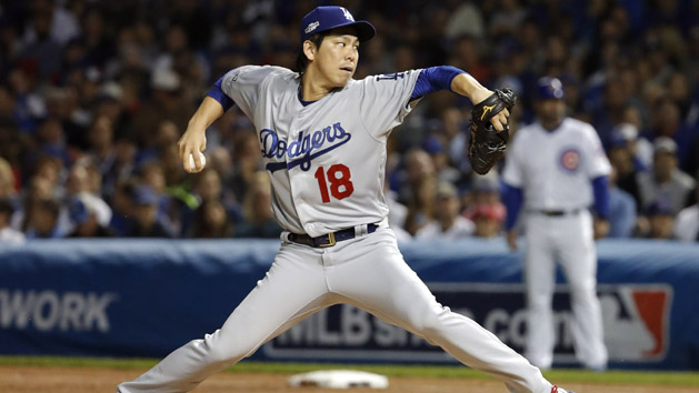 Oct 15, 2016; Chicago, IL, USA; Los Angeles Dodgers starting pitcher Kenta Maeda (18) throws against the Chicago Cubs during the first inning of game one of the 2016 NLCS playoff baseball series at Wrigley Field. Photo Credit: Jon Durr-USA TODAY Sports