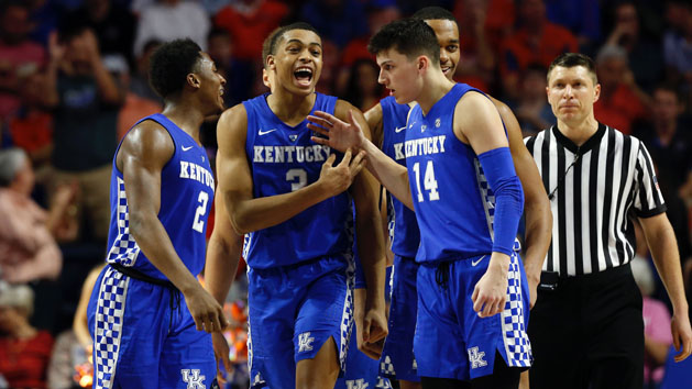 Feb 2, 2019; Gainesville, FL, USA; Kentucky Wildcats guard Keldon Johnson (3), guard Ashton Hagans (2), guard Tyler Herro (14), forward PJ Washington (25) celebrate against the Florida Gators during the second half at Exactech Arena. Photo Credit: Kim Klement-USA TODAY Sports