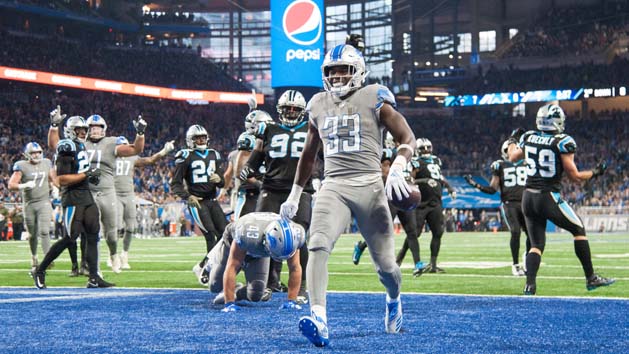 Nov 18, 2018; Detroit, MI, USA; Detroit Lions running back Kerryon Johnson (33) scores a touchdown during the first quarter against the Carolina Panthers at Ford Field. Photo Credit: Tim Fuller-USA TODAY Sports