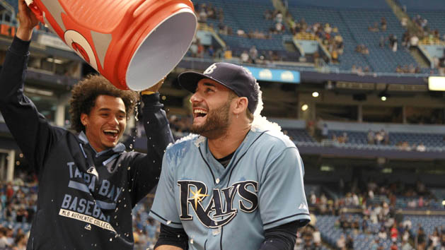 Aug 30, 2015; St. Petersburg, FL, USA; Tampa Bay Rays center fielder Kevin Kiermaier (39) gets a gatorade bath after defeating the Kansas City Royals at Tropicana Field. The Rays won 3-2. Mandatory Credit: Kim Klement-USA TODAY Sports