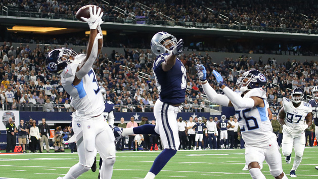 Nov 5, 2018; Arlington, TX, USA; Tennessee Titans safety Kevin Byard (31) intercepts the ball in the end zone intended for Dallas Cowboys receiver Amari Cooper (19) in the first quarter at AT&T Stadium. Photo Credit: Matthew Emmons-USA TODAY Sports