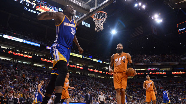 Oct 30, 2016; Phoenix, AZ, USA; Golden State Warriors forward Kevin Durant (35) reacts after scoring a basket against the Phoenix Suns during the second half at Talking Stick Resort Arena. The Warriors won 106-100. Photo Credit: Joe Camporeale-USA TODAY Sports