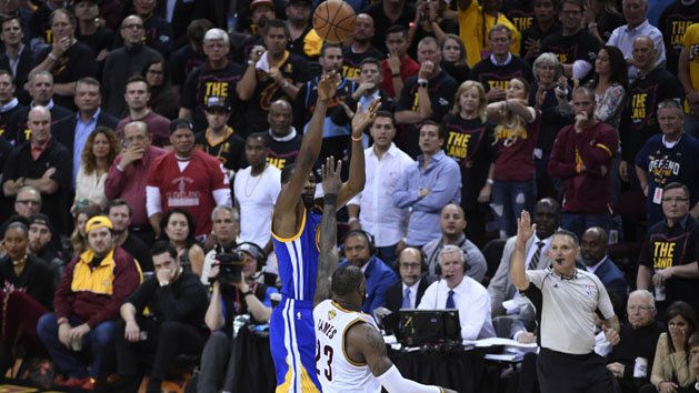 Jun 7, 2017; Cleveland, OH, USA; Golden State Warriors forward Kevin Durant (35) shoots the basketball against Cleveland Cavaliers forward LeBron James (23) during the fourth quarter in game three of the 2017 NBA Finals at Quicken Loans Arena. Photo Credit: Kyle Terada-USA TODAY Sports