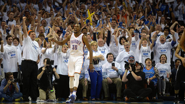 May 8, 2016; Oklahoma City, OK, USA; Oklahoma City Thunder forward Kevin Durant (35) reacts after a play against the San Antonio Spurs during the fourth quarter in game four of the second round of the NBA Playoffs at Chesapeake Energy Arena. Mandatory Credit: Mark D. Smith-USA TODAY Sports