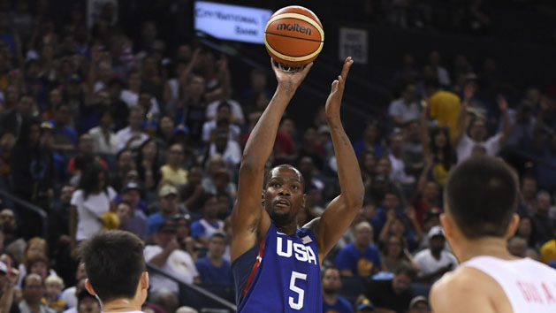 July 26, 2016; Oakland, CA, USA; USA guard Kevin Durant (5) shoots the basketball against China forward Zhou Peng (10) in the first quarter during an exhibition basketball game at Oracle Arena. Mandatory Credit: Kyle Terada-USA TODAY Sports