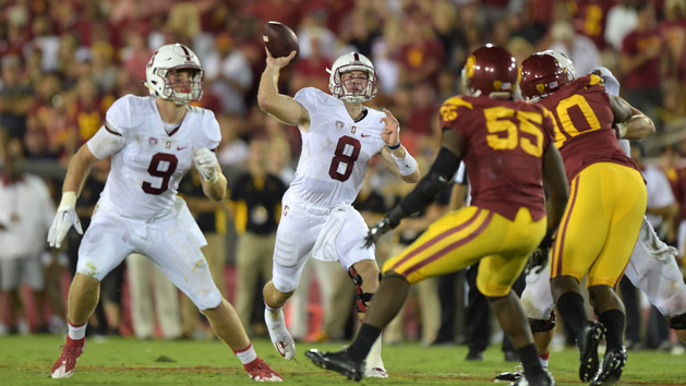 Sep 19, 2015; Los Angeles, CA, USA; Stanford Cardinal quarterback Kevin Hogan (8) throws a pass against the Southern California Trojans at Los Angeles Memorial Coliseum. Mandatory Credit: Kirby Lee-USA TODAY Sports
