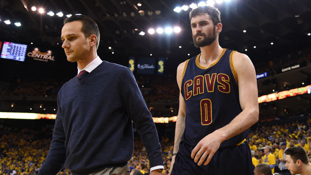 Jun 5, 2016; Oakland, CA, USA; Cleveland Cavaliers forward Kevin Love (0) leaves the bench during the third quarter against the Golden State Warriors in game two of the NBA Finals at Oracle Arena. Photo Credit: Kyle Terada-USA TODAY Sports