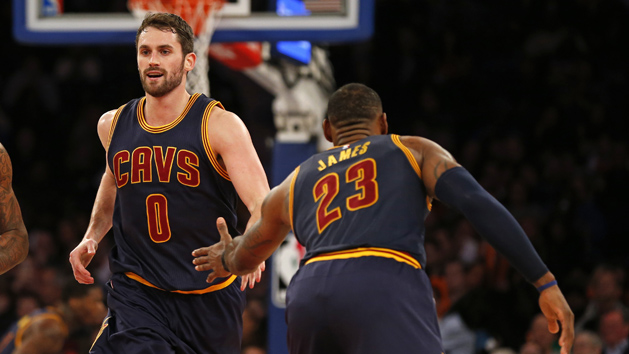 Feb 4, 2017; New York, NY, USA; Cleveland Cavaliers forward Kevin Love (0) celebrates with Cavaliers forward LeBron James (23) during the second half against the New York Knicks at Madison Square Garden. Photo Credit: Adam Hunger-USA TODAY Sports