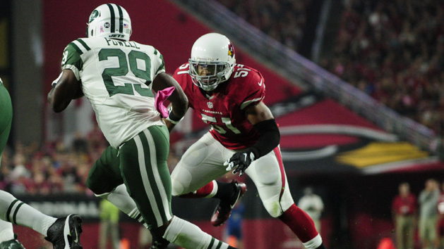 Oct 17, 2016; Glendale, AZ, USA; Arizona Cardinals middle linebacker Kevin Minter (51) defends against New York Jets running back Bilal Powell (29) during the first half at University of Phoenix Stadium. Photo Credit: Matt Kartozian-USA TODAY Sports