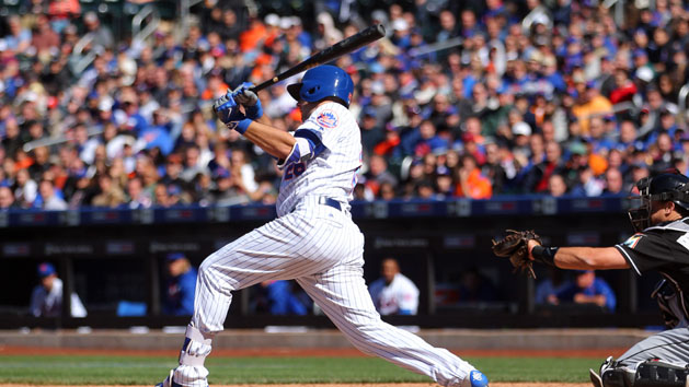 Apr 13, 2016; New York City, NY, USA; New York Mets catcher Kevin Plawecki (26) hits a two-run single against the Miami Marlins during the seventh inning at Citi Field. Mandatory Credit: Brad Penner-USA TODAY Sports