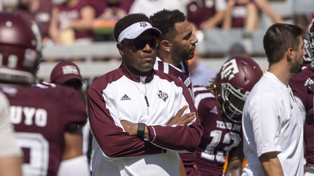 Oct 8, 2016; College Station, TX, USA; Texas A&M Aggies head coach Kevin Sumlin watches his team warm up before the game against the Tennessee Volunteers at Kyle Field. Photo Credit: Jerome Miron-USA TODAY Sports