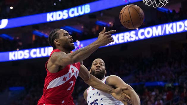 May 5, 2019; Philadelphia, PA, USA; Toronto Raptors forward Kawhi Leonard (2) looses control of the ball while driving for a shot against Philadelphia 76ers center Greg Monroe (55) during the second quarter in game four of the second round of the 2019 NBA Playoffs at Wells Fargo Center. Photo Credit: Bill Streicher-USA TODAY Sports