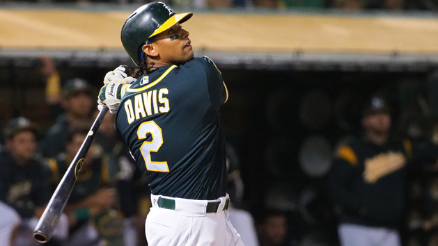 Aug 21, 2018; Oakland, CA, USA; Oakland Athletics designated hitter Khris Davis (2) hits a two run home run against the Texas Rangers during the seventh inning at Oakland Coliseum. Photo Credit: Kelley L Cox-USA TODAY Sports