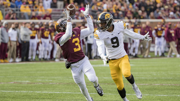 Oct 8, 2016; Minneapolis, MN, USA; Minnesota Golden Gophers defensive back KiAnte Hardin (3) intercepts a pass intended for Iowa Hawkeyes wide receiver Jerminic Smith (9) in the first quarter at TCF Bank Stadium. Mandatory Credit: Jesse Johnson-USA TODAY Sports