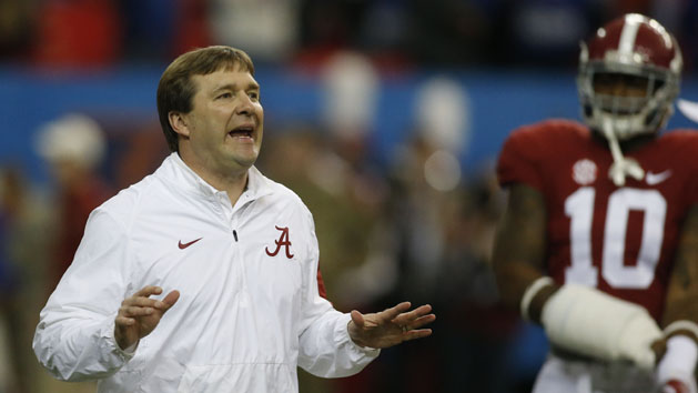 Dec 5, 2015; Atlanta, GA, USA; Alabama Crimson Tide defensive coordinator Kirby Smart gestures during warm-ups prior to facing the Florida Gators in the 2015 SEC Championship Game at the Georgia Dome. Mandatory Credit: Brett Davis-USA TODAY Sports