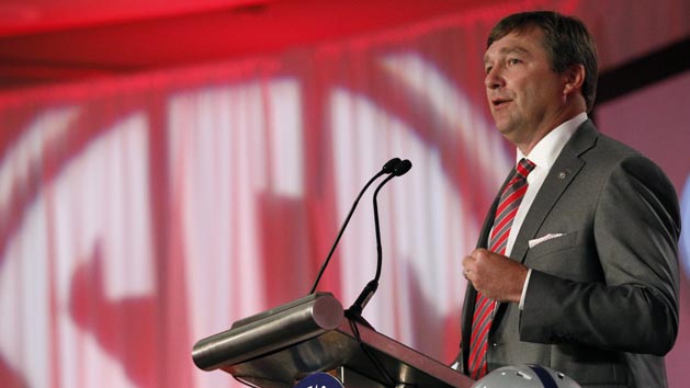 Jul 12, 2016; Hoover, AL, USA; Georgia head coach Kirby Smart speaks to the media during SEC Media Days at the Hyatt Regency Birmingham-The Wynfrey Hotel. Photo Credit: Butch Dill-USA TODAY Sports