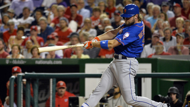 Sep 8, 2015; Washington, DC, USA; New York Mets left fielder Kirk Nieuwenhuis (9) hits a solo home run during the eighth inning against the Washington Nationals at Nationals Park. New York Mets defeated Washington Nationals 8-7. Mandatory Credit: Tommy Gilligan-USA TODAY Sports