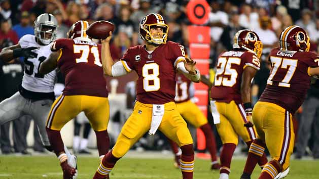 Sep 24, 2017; Landover, MD, USA; Washington Redskins quarterback Kirk Cousins (8) drops back to pass against the Oakland Raiders during the first half at FedEx Field. Mandatory Credit: Brad Mills-USA TODAY Sports
