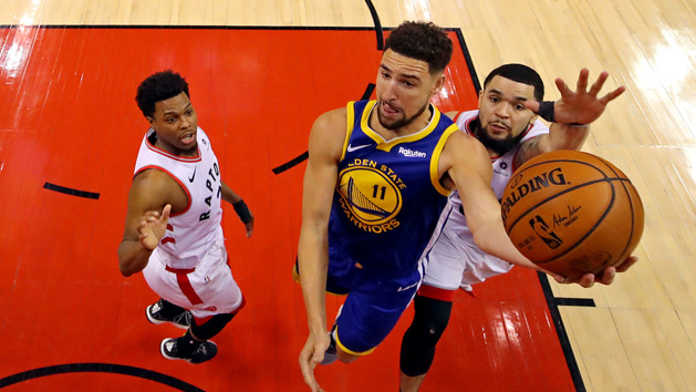 Jun 2, 2019; Toronto, Ontario, CAN; Golden State Warriors guard Klay Thompson (11) shoots the ball against Toronto Raptors guard Fred VanVleet (23) in game two of the 2019 NBA Finals at Scotiabank Arena. Photo Credit: Kyle Terada-USA TODAY Sports