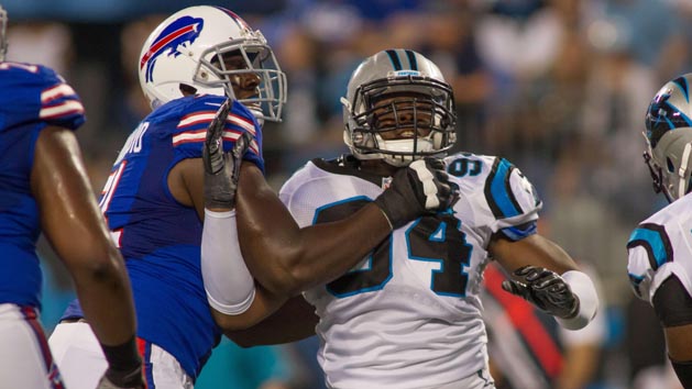Carolina's Kony Ealy (94) and Buffalo's Cyrus Kouandjio (71) are hoping to make a significant leap in their second seasons in the NFL. (Jeremy Brevard-USA TODAY Sports)