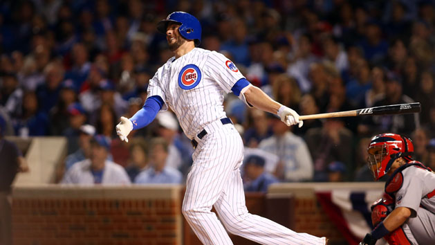 Oct 12, 2015; Chicago, IL, USA; Chicago Cubs third baseman Kris Bryant (17) hits a two run home run during the fifth inning against the St. Louis Cardinals in game three of the NLDS at Wrigley Field. Photo Credit: Jerry Lai-USA TODAY Sports