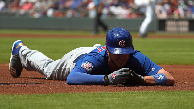 Jul 19, 2017; Atlanta, GA, USA; Chicago Cubs third basemen Kris Bryant (17) reacts after he was tagged out at third base on a stolen base attempt in the first inning against the Atlanta Braves at SunTrust Park. Rizzo was injured on the play. Photo Credit: Jason Getz-USA TODAY Sports
