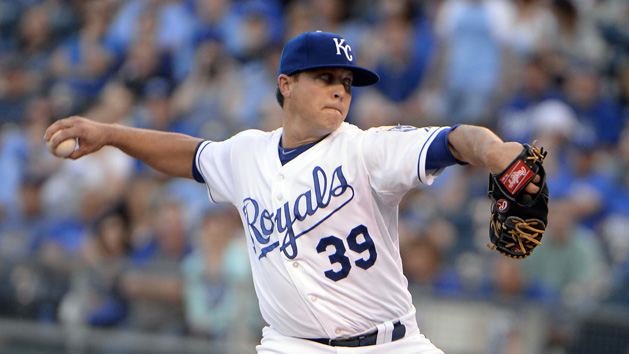 Aug 24, 2015; Kansas City, MO, USA; Kansas City Royals starting pitcher Kris Medlen (39) delivers a pitch against the Baltimore Orioles in the first inning at Kauffman Stadium. John Rieger-USA TODAY Sports