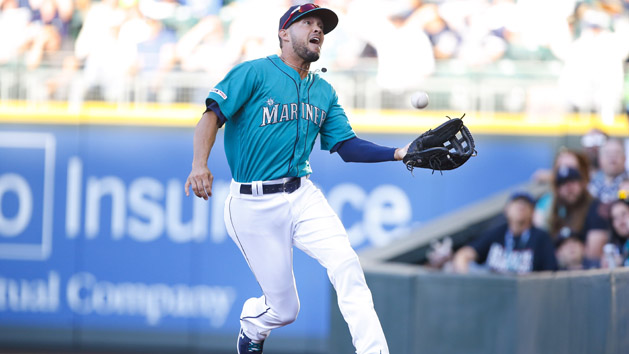 Jul 26, 2019; Seattle, WA, USA; Seattle Mariners right fielder Kristopher Negron (45) makes a catch in foul territory for an out against the Detroit Tigers during the first inning at T-Mobile Park. Photo Credit: Jennifer Buchanan-USA TODAY Sports
