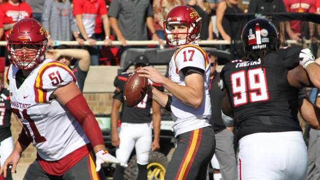 Oct 21, 2017; Lubbock, TX, USA; Iowa State Cyclones quarterback Kyle Kempt (17) looks for an open receiver against the Texas Tech Red Raiders in the first half at Jones AT&T Stadium. Photo Credit: Michael C. Johnson-USA TODAY Sports