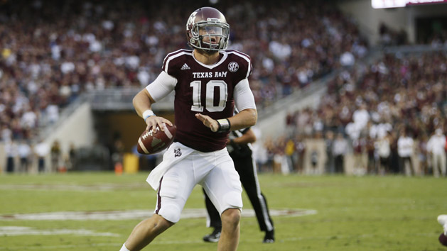 Oct 3, 2015; College Station, TX, USA; Texas A&M Aggies quarterback Kyle Allen (10) looks to throw against the Mississippi State Bulldogs during the first half at Kyle Field. Mandatory Credit: Soobum Im-USA TODAY Sports